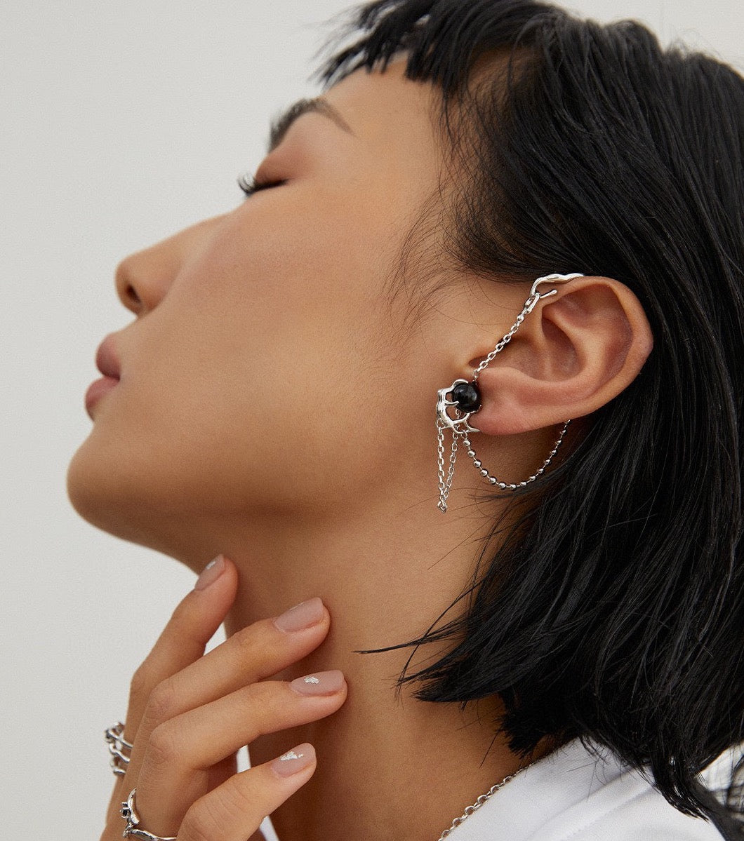 Sterling silver/Gold black agate earrings ear clips (Single piece)