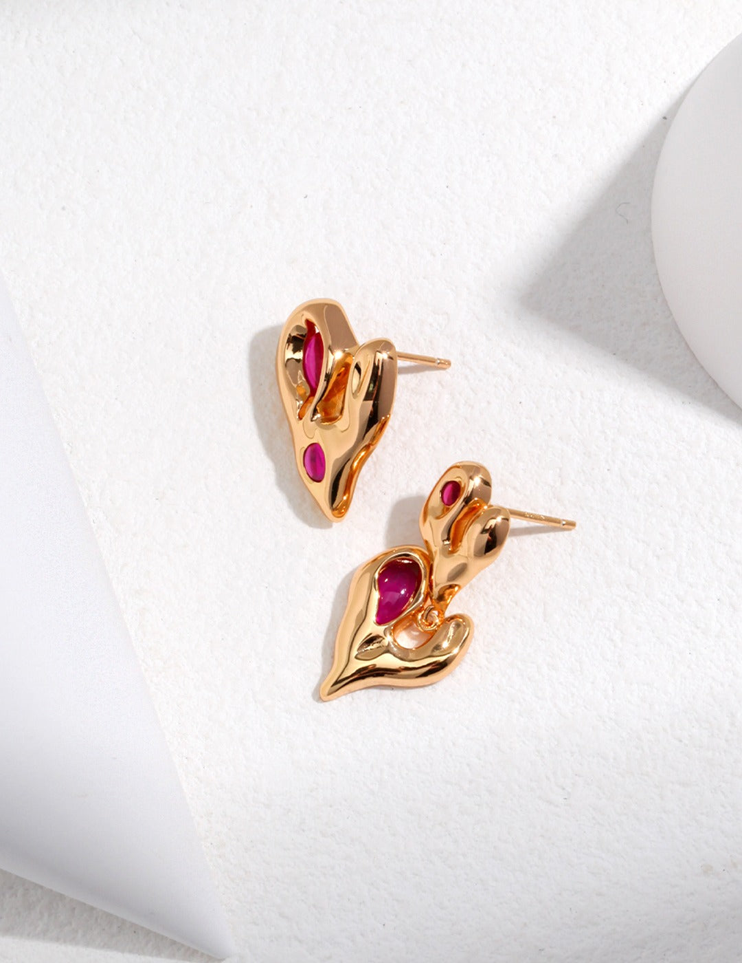 Irregular Surface Heart Earrings with coloured Gem