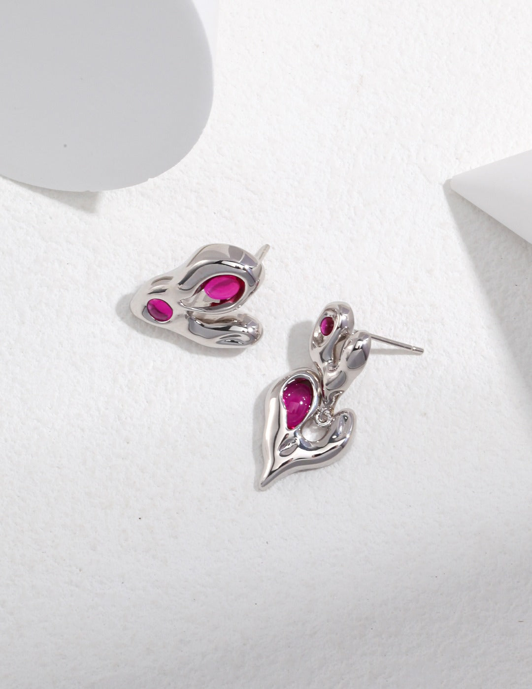 Irregular Surface Heart Earrings with coloured Gem