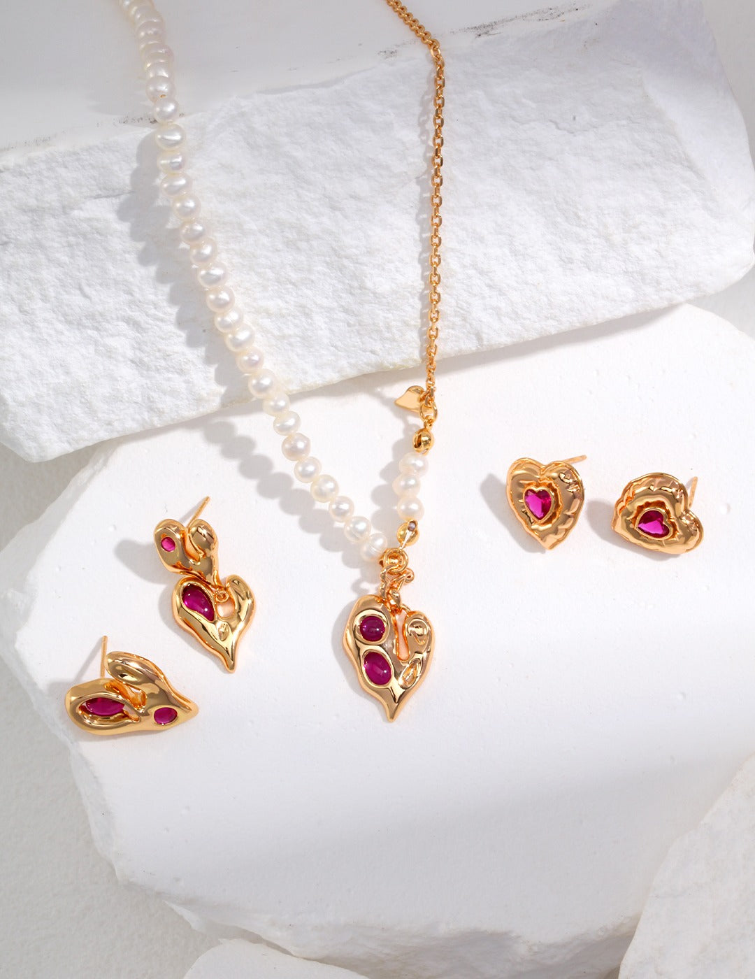 Irregular Surface Heart Earrings with coloured Gem