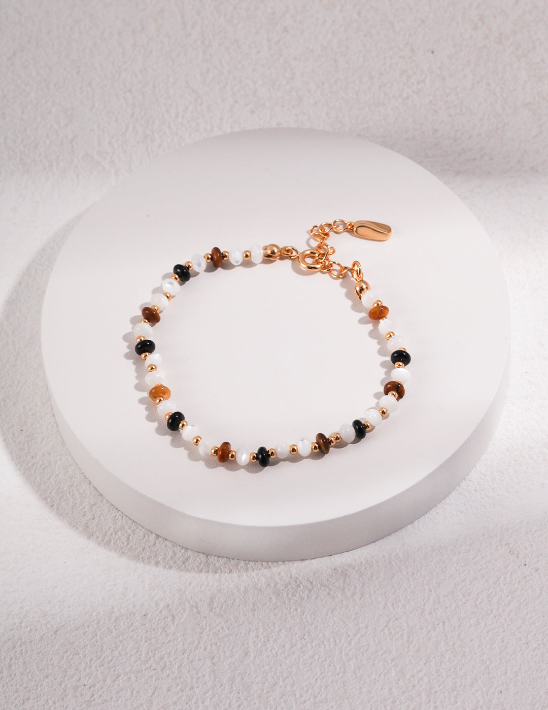 18k Vermeil Adjustable Bracelet with shell ,tiger eye stone and black onyx