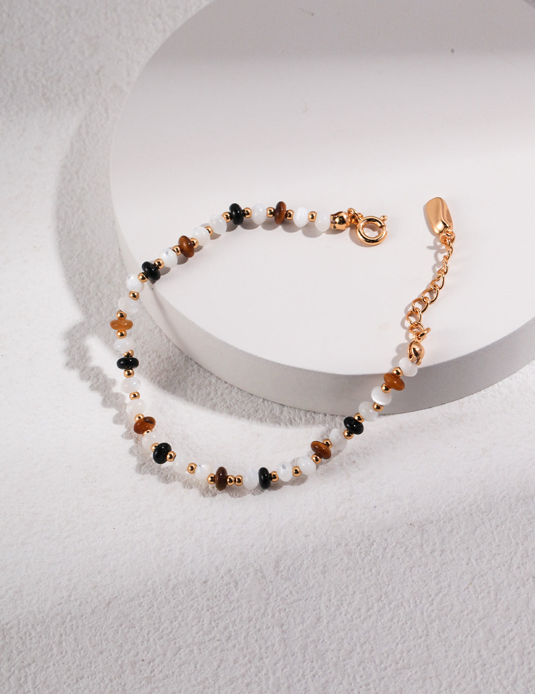 18k Vermeil Adjustable Bracelet with shell ,tiger eye stone and black onyx