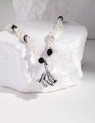 "Dance" series Sterling silver/Gold  pearl and agate necklace