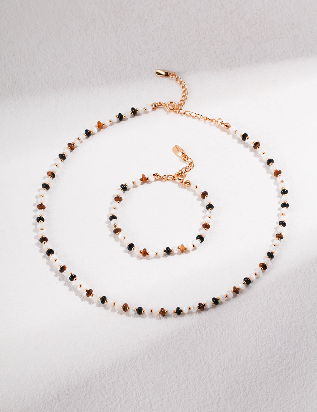 18k Vermeil Adjustable Bracelet with shell ,tiger eye stone and black onyx