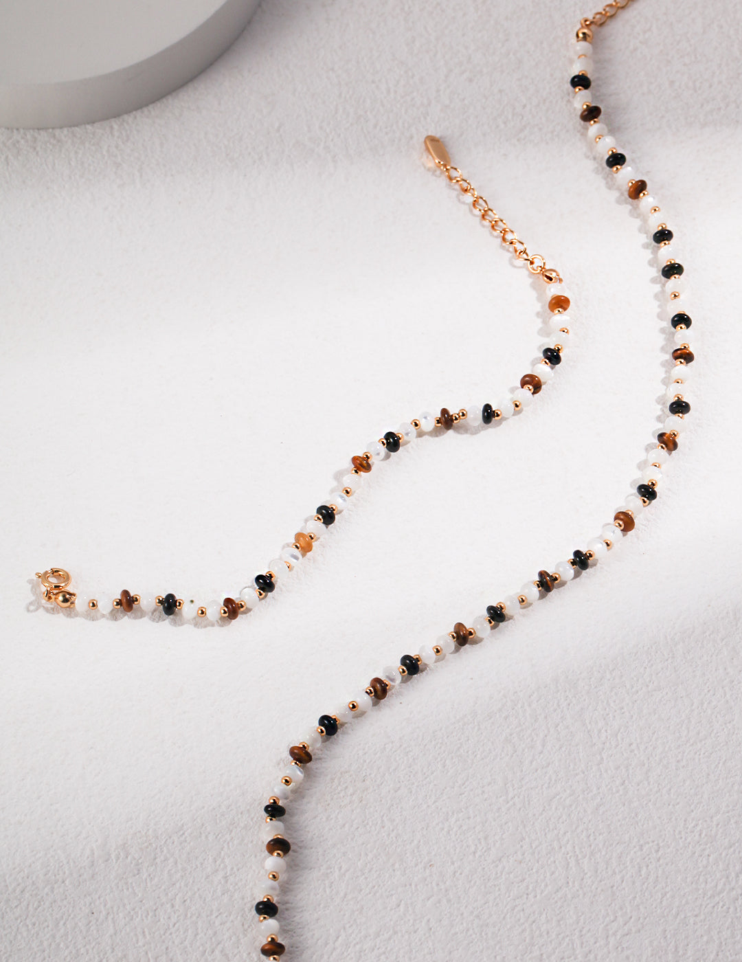 18k Vermeil Adjustable Bracelet with shell ,tiger eye stone and black onyx